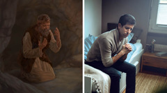 Conjunto de imagens: 1. Elias orando ajoelhado em uma caverna. 2. Um irmão sentado na cama, orando de todo o coração.