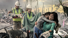 A couple assisting a mother and her young daughter after a devastating fire.