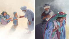 סדרת תמונות:‏ 1.‏ עלי מסתכל על חנה בחשדנות בזמן שהיא מתפללת.‏ 2.‏ חנה מביאה את שמואל הקטן לעלי.‏