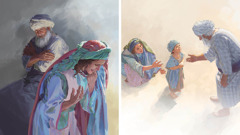 Kolaż: 1. Anna się modli, a Heli patrzy na nią podejrzliwie. 2. Anna przyprowadza do Helego młodego Samuela.