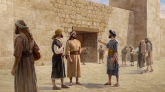 Nehemiasz udziela wskazówek dwóm mężczyznom przed bramą w Jerozolimie.