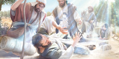 Saulus ligt op de grond, verblind door een fel licht. Hij wordt omringd door andere Joden.