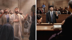 Billeder: 1. Peter og Johannes taler i Sanhedrinet. 2. En bror taler til en dommer i retten.