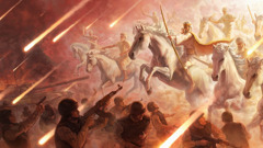Jehovas himmelske hær kommer ridende på hvide heste og angriber bevæbnede soldater på jorden.