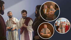Jezus wijst Petrus terecht waar de andere apostelen bij zijn. Collage: De verantwoordelijkheden de Petrus later had. 1. Petrus vergadert met de apostelen en ouderlingen in Jeruzalem. 2. Hij bezoekt Cornelius en iedereen in zijn huis. 3. Hij schrijft in een boekrol.