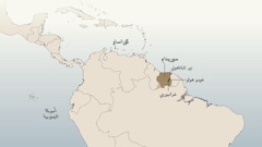 خريطة لأميركا الجنوبية والبحر الكاريبي تُظهِر مناطق زارها أو عاش فيها دانيال فان مارل:‏ كوراساو،‏ سورينام،‏ نهر تاباناهوني،‏ غودو هولو،‏ وغرانبوري
