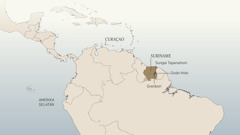 Peta Amerika Selatan dan Laut Caribbean yang menunjukkan beberapa tempat yang pernah ditinggal dan dilawat oleh Daniel van Marl: Curaçao, Suriname, Sungai Tapanahoni, Godo Holo, dan kampung Granbori.