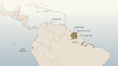Een kaart van Zuid-Amerika en het Caribisch gebied met enkele plaatsen waar Daniel van Marl heeft gewoond en die hij heeft bezocht: Curaçao, Suriname, de Tapanahonirivier, Godo Holo en het dorp Granbori.