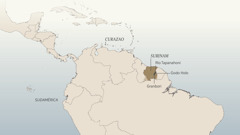 Un mapa de Sudamérica y el Caribe, que muestra algunos de los lugares en los que Daniel van Marl vivió y sirvió: Curazao, Surinam, el río Tapanahoni, Godo Holo y la aldea de Granbori.