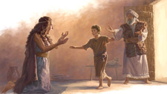 Enken fra Sarepta er ude af sig selv af glæde da Elias oprejser hendes søn.