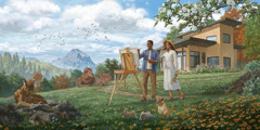 パラダイスで1人の兄弟がキャンバスに絵を描いている。1人の姉妹がそれを隣で見ている。美しい山や木や花に囲まれ，周りにはウサギやライオンやヤギがいる。