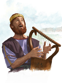 ダビデ王がたて琴を弾きながら歌っている。