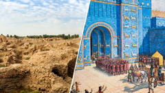 مجموعه تصاویر:‏ ۱)‏ ورودی شهر باستانی بابِل که بیرون دیوارهای عظیم آن سربازان،‏ اسبان و یک مقام بالا در ارابه است.‏ ۲)‏ خرابه‌های بابِل امروزی.‏