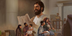 1. 幼いイエスが両親の話を聞いている。2. 成長したイエスが家族と一緒に，会堂で聖書の朗読を真剣に聞いている。3. 大人になったイエスが巻物を朗読している。