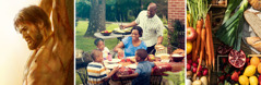 סדרת תמונות:‏ מתנות אוהבות מיהוה.‏ 1.‏ מגוון של אוכל טרי.‏ 2.‏ משפחה מאושרת אוכלת יחד בגינה.‏ 3.‏ ישוע תלוי על עמוד ההוקעה.‏