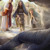 Jesús le dice a Lázaro, quien está envuelto en telas, que salga de la tumba. Marta, María y otros miran con asombro desde afuera de la tumba.
