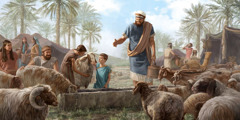 ヤコブが家族や召し使いと一緒に，たくさんの羊やヤギに水を飲ませている。