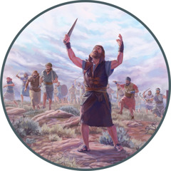 Josué com uma espada na mão olhando para o céu.