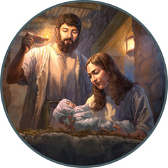 Joseph et Marie sont à côté d’une mangeoire où se trouve Jésus.