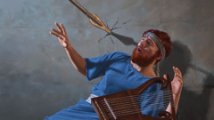 David with his harp, dodging a spear hurled at him.