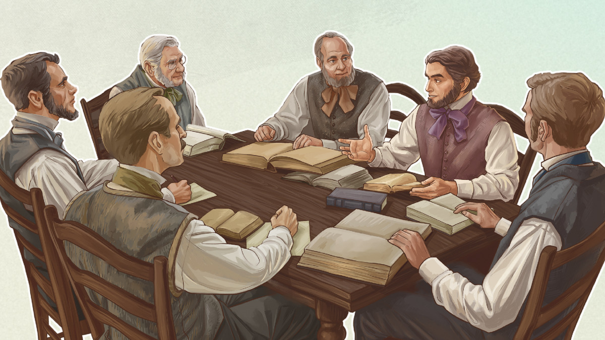 Ο αδελφός Ρώσσελ και άλλοι σπουδαστές της Γραφής συμβουλεύονται βοηθήματα μελέτης της Γραφής και συζητούν τις διαπιστώσεις τους.