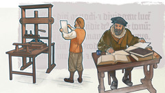 Um homem fazendo cópias da Bíblia, e um tradutor da Bíblia.