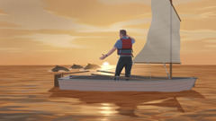 同一个男子站在小船上，在日落时分看着海豚在海面上嬉戏。