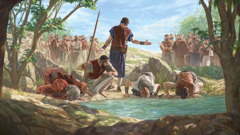 Gideão observa os homens israelitas bebendo água. Um deles usa a mão para levar água até a boca, enquanto os outros se ajoelham e abaixam a cabeça para beber.