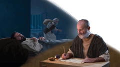 Billeder: 1. Apostlen Paulus skriver på en skriftrulle. 2. En tyv kommer snigende ind i et hus mens manden der bor der, sover tungt.