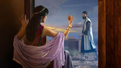 一个古代的淫妇站在家门口，邀请一个男子到她家作客。