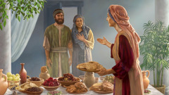 Una mujer del antiguo Israel invita a un matrimonio a disfrutar en su casa de una comida de platos saludables y deliciosos.