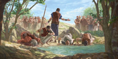 جِدعون به مردان اسرائیلی که آب می‌نوشند نگاه می‌کند.‏ یکی از آن‌ها با دستش آب می‌خورد در حالی که بقیه زانو زده آب می‌خورند.‏