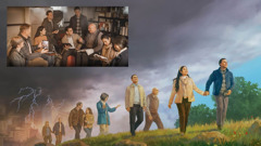 Collage: 1. The brothers and sisters shown in the previous three images meet with others in a basement during the great tribulation. 2. Later, the brothers and sisters who were in the basement come out of the great tribulation.