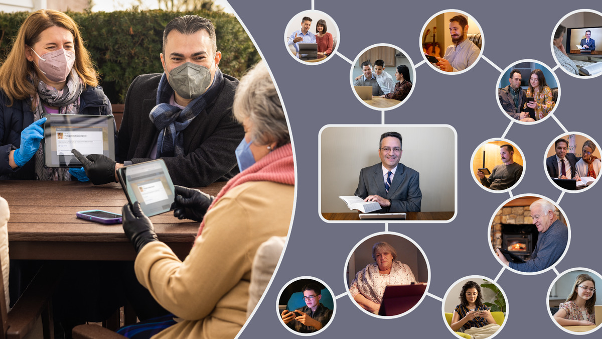 Κολάζ: 1. Ένα αντρόγυνο δείχνει σε μια ηλικιωμένη αδελφή πώς να χρησιμοποιεί το τάμπλετ της κατά τη διάρκεια της πανδημίας COVID-19. Είναι σε εξωτερικό χώρο και φορούν όλοι μάσκες και γάντια. 2. Αργότερα, ένθετες εικόνες δείχνουν πόσοι συγγενείς της ηλικιωμένης αδελφής παρακολούθησαν την Ανάμνηση μέσω βιντεοδιάσκεψης.