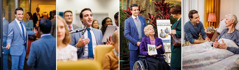 Collage: A brother making spiritual progress. 1. The brother greets others as they arrive at a congregation meeting. 2. He comments at a meeting. 3. He participates in cart witnessing with an elderly sister who is in a wheelchair. 4. He visits with an infirm elderly brother at his home.