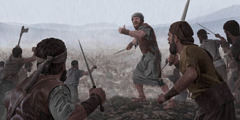 Ba-rác và những người đi cùng tràn xuống núi trong cơn mưa để đánh đội quân của Si-sê-ra. Các chiến xa của Si-sê-ra bị sa lầy.