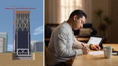 Collage: 1. A tall building under construction sits on a firm foundation. 2. A brother fills out a medical directive. His tablet is open to lesson 39 of “Enjoy Life Forever!”