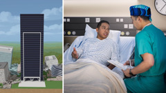 Collage: 1. The tall building shown earlier still stands while other buildings around it have collapsed after a natural disaster. 2. The brother shown earlier sits in a hospital bed talking with a doctor late at night.
