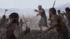 باراق ورجاله ينزلون من جبل تحت المطر ليحاربوا جيش سيسرا الذين علقت مركباتهم في الوحل