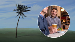 The flexible tree shown earlier, bending during a windstorm. An inset shows a brother looking skeptically at another brother who is holding a glass of beer.
