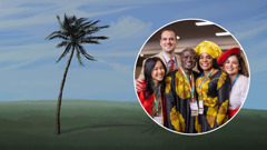 The flexible tree bending during a windstorm. An inset shows brothers and sisters from several backgrounds, posing for a picture together at a convention. They wear different styles of clothing appropriate for Christians.
