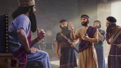 Daniel falando com o rei Nabucodonosor, que está sentado em seu trono, enquanto outros servos do rei ficam impressionados ao ouvir Daniel.