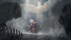 O profeta Daniel dentro de uma cova e rodeado por leões olha para cima, em direção ao céu, enquanto um anjo o protege.