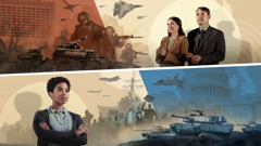 Collage: 1. The couple shown earlier wears handcuffs yet stands confidently. In the background are the Russian White House and a map of Russia. Armed forces are attacking with warplanes, machine guns, and military tanks. 2. The sister shown earlier stands confidently. In the background are the United States Capitol and maps of the United Kingdom and the United States. Angry protesters march while military tanks, warships, and warplanes mount an assault.