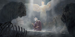 Пророк Даниил сидит в подземелье и смотрит в небо. Вокруг него львы. Над ним парит ангел, защищая его.