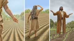 Serie de imágenes: 1. Un agricultor siembra muchas semillas en un campo. 2. El agricultor trata de ver si alguna semilla ha germinado. 3. El agricultor se ve feliz y está de pie en medio del cultivo mientras llueve.