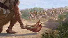 Samson picking up a jawbone of a donkey as the Philistine army approaches him.