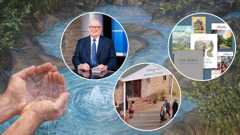 Samson scooping water up with his hands from a spring. Insets: 1. A JW Broadcasting® program. 2. A Bible and a variety of Bible-based publications. 3. Brothers and sisters arrive at a Kingdom Hall.