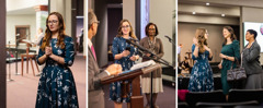 Collage: 1. A sister prays before going on stage at a circuit assembly. 2. A brother interviews her and another sister. 3. The sister gives credit to Jehovah when others praise her after the program.