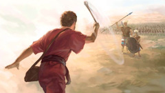 David slinging a stone at Goliath on the battlefield.